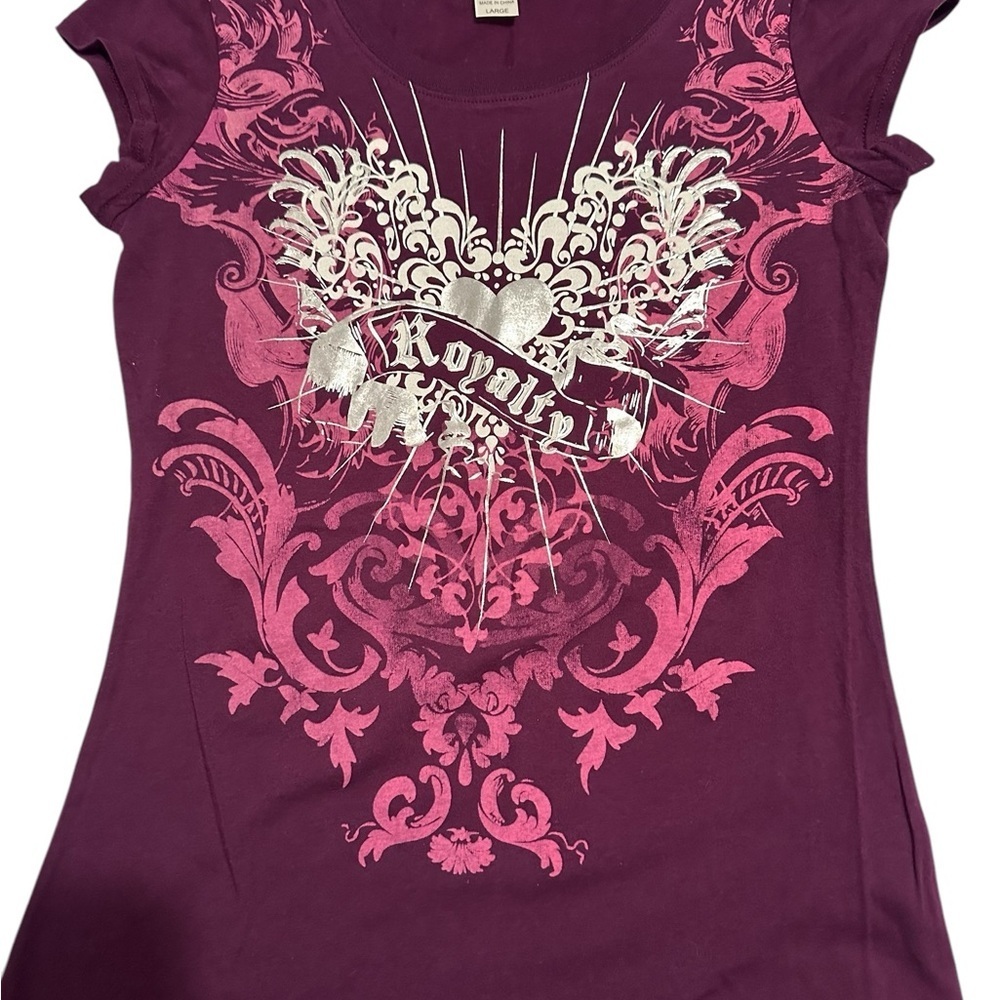 SELF ESTEEM Royalty Tee Shirt Top Womens Large Purple & Silver Slim Fit Blouse - Picture 13 of 14
